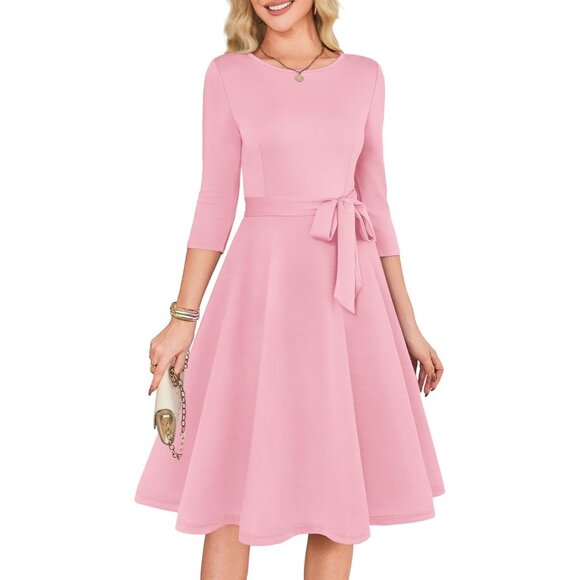 Women's Pink 3/4 Sleeve Vintage Flattering A-line Vintage Cocktail Dresses - Picture 1 of 5